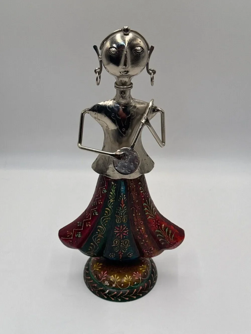 Musician Folk Art Metal & Wood Female Doll Figurine · Floral Painted Dress · 14
